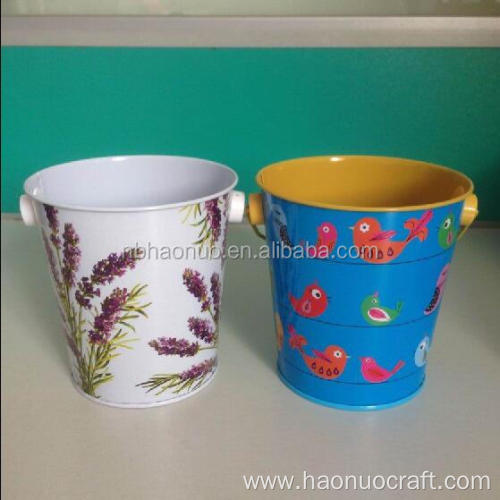 Cubos de flores de hierro con mango de madera para decoración.